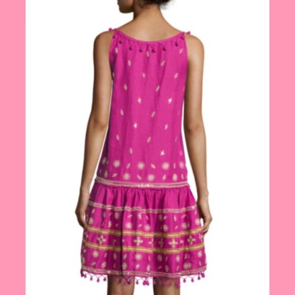 Calypso St. Barth Zulema Pink Linen Pom Pom Embroidered Embellished Dress XS - Picture 8 of 16